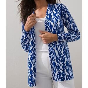 Chicos Open Front Cardigan 2, Large Sweater Blue White Ikat Side Splits Coastal